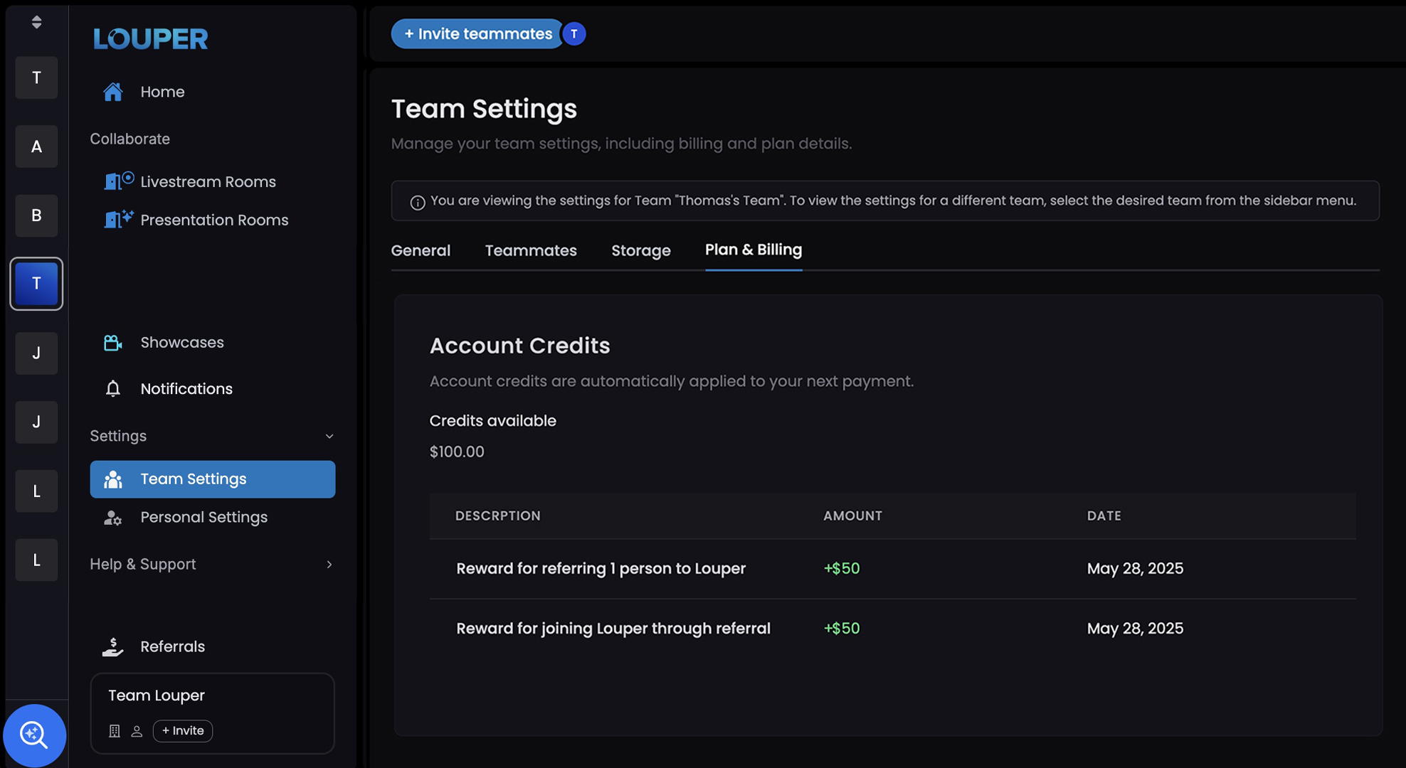 Credits section on Referrals Page Image