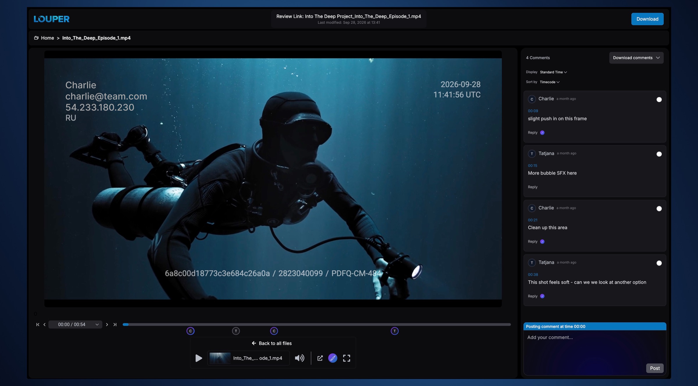 A review link with a client-side watermark showing the viewer's details over the video
